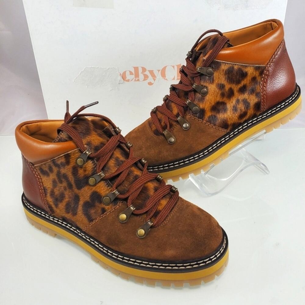 NWT$525 SEE BY CHLOE Eileen Leopard Suede Leather Lace-up Boots Sz 37 (US 6.5)